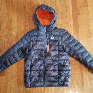 Gerry Boys Packable Down Puffer Jacket Grey Orange Hooded Zipper sz M 10 12